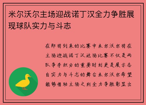 米尔沃尔主场迎战诺丁汉全力争胜展现球队实力与斗志
